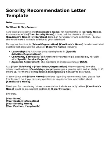 Blank Sorority Recommendation Letter Template