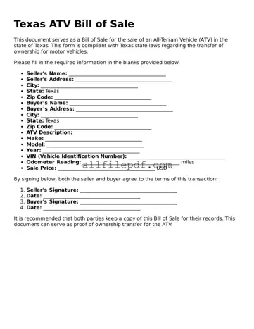 Official  ATV Bill of Sale Document for Texas