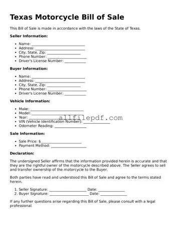 Official  Motorcycle Bill of Sale Document for Texas
