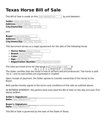 Official  Horse Bill of Sale Document for Texas