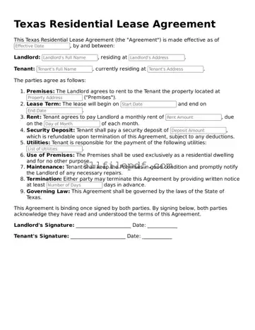 Official  Residential Lease Agreement Document for Texas
