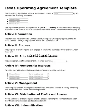 Official  Operating Agreement Document for Texas