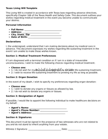 Official  Living Will Document for Texas