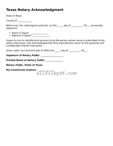 Official  Notary Acknowledgement Document for Texas