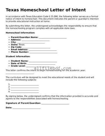 Official  Homeschool Letter of Intent Document for Texas