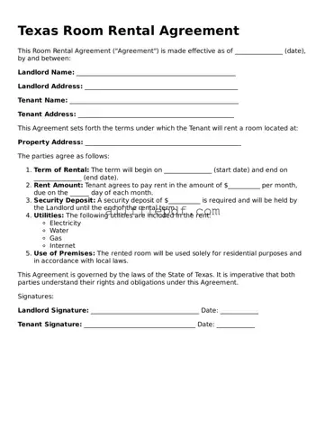 Official  Room Rental Agreement Document for Texas
