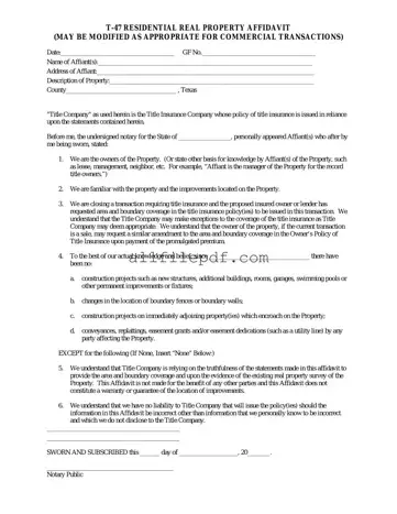 Blank Texas residential property affidavit T-47 PDF Form