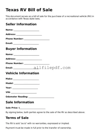 Official  RV Bill of Sale Document for Texas