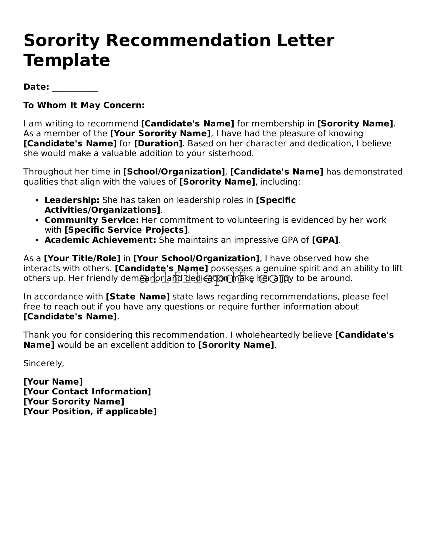Blank Sorority Recommendation Letter Template