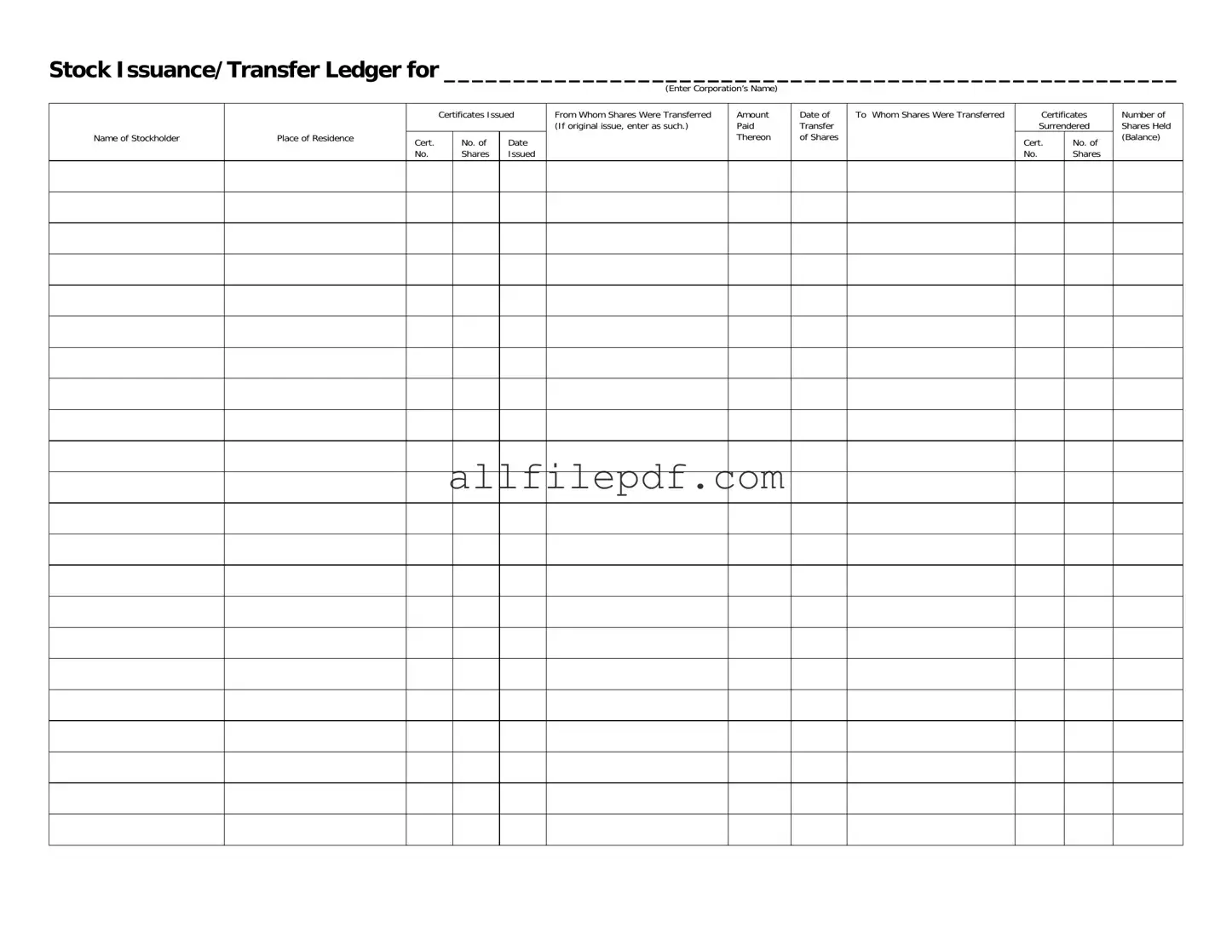 Blank Stock Transfer Ledger PDF Form