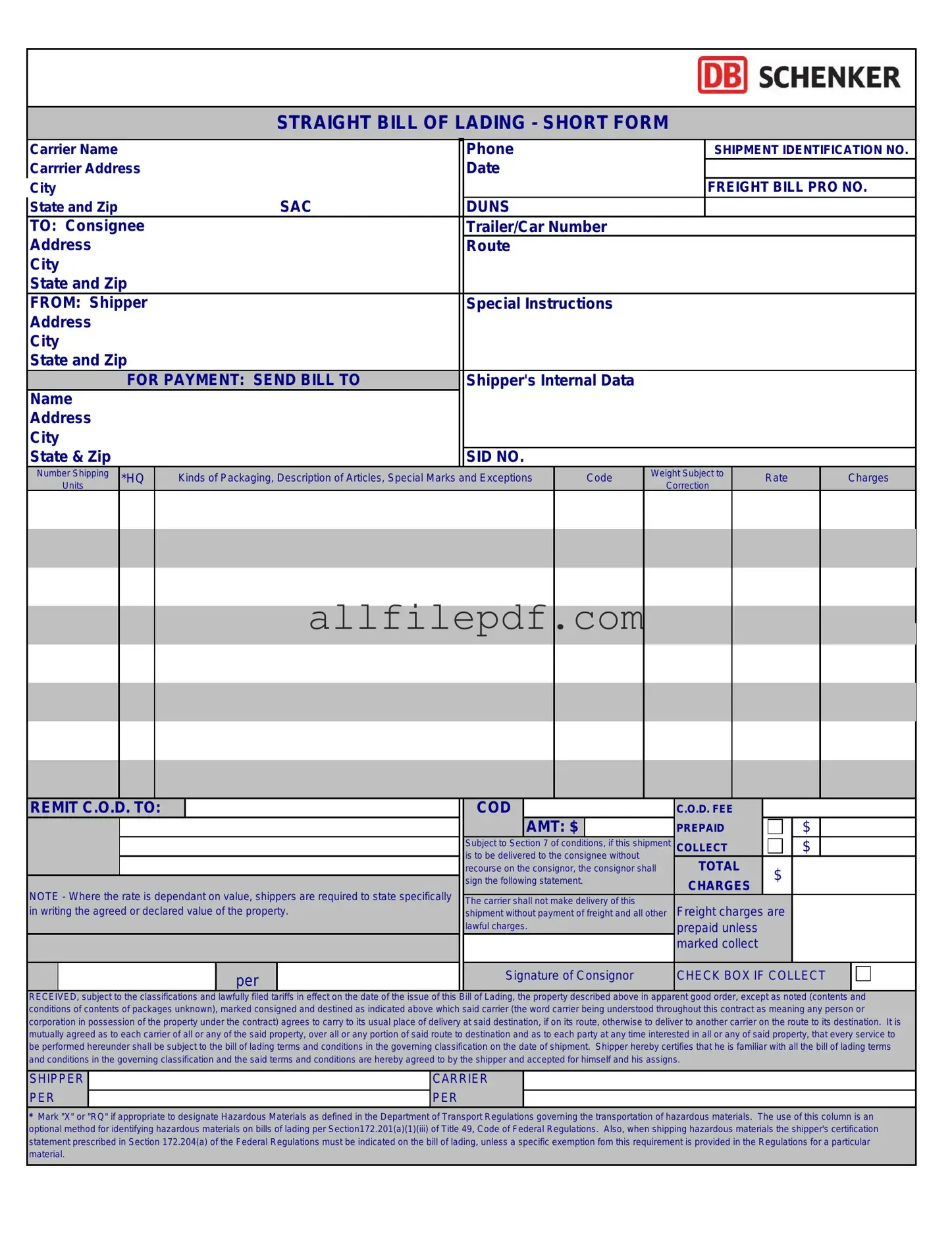 Blank Straight Bill Of Lading PDF Form