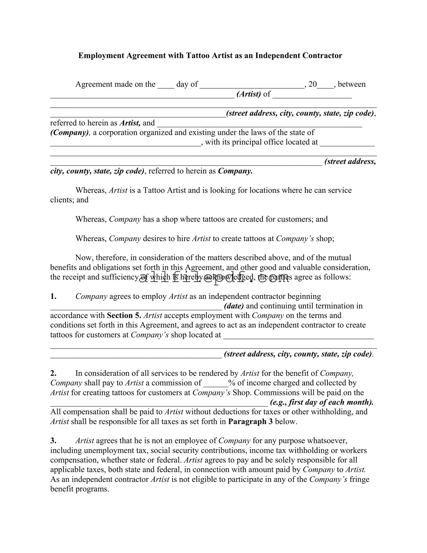 Blank Tattoo Shop Artist Agreement PDF Form