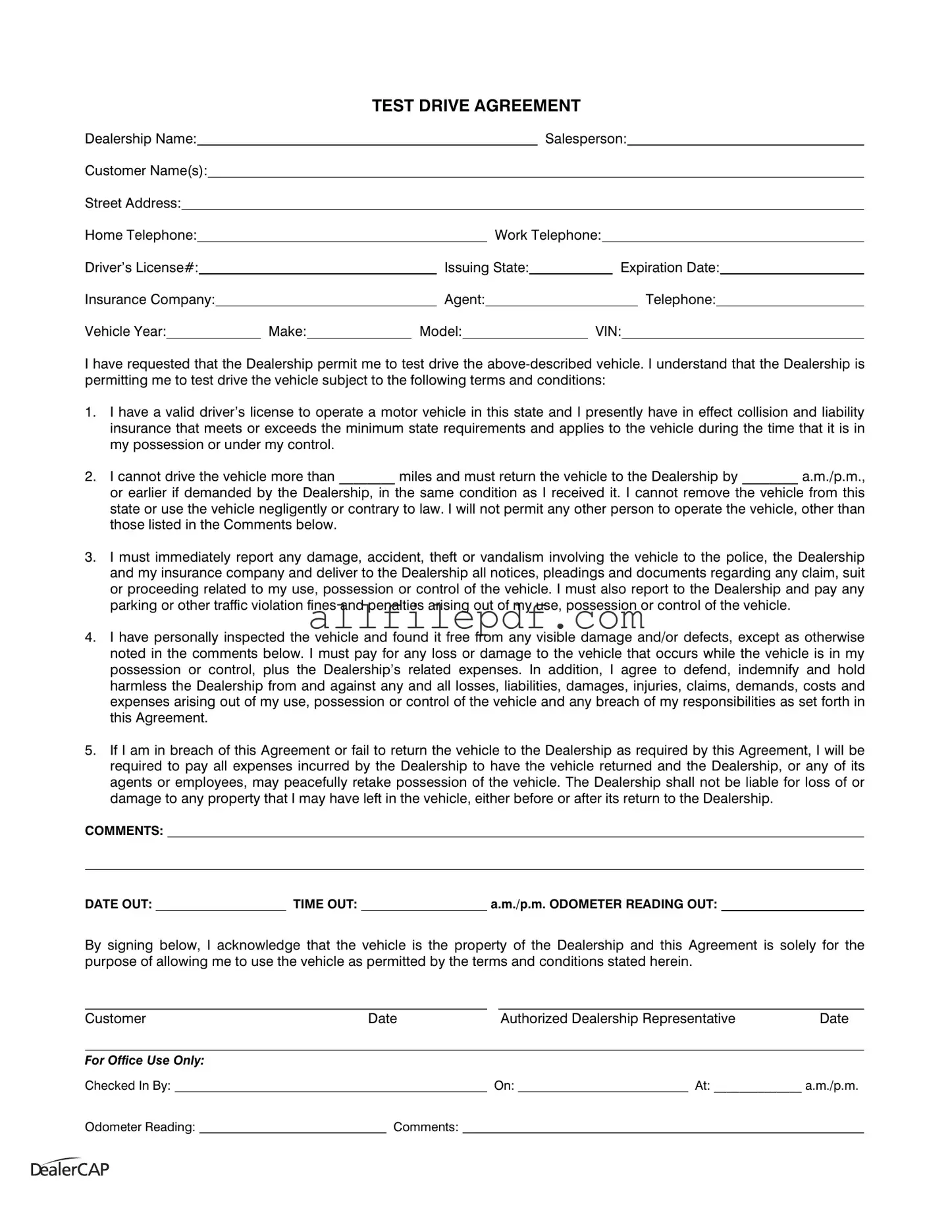 Blank Test Drive PDF Form