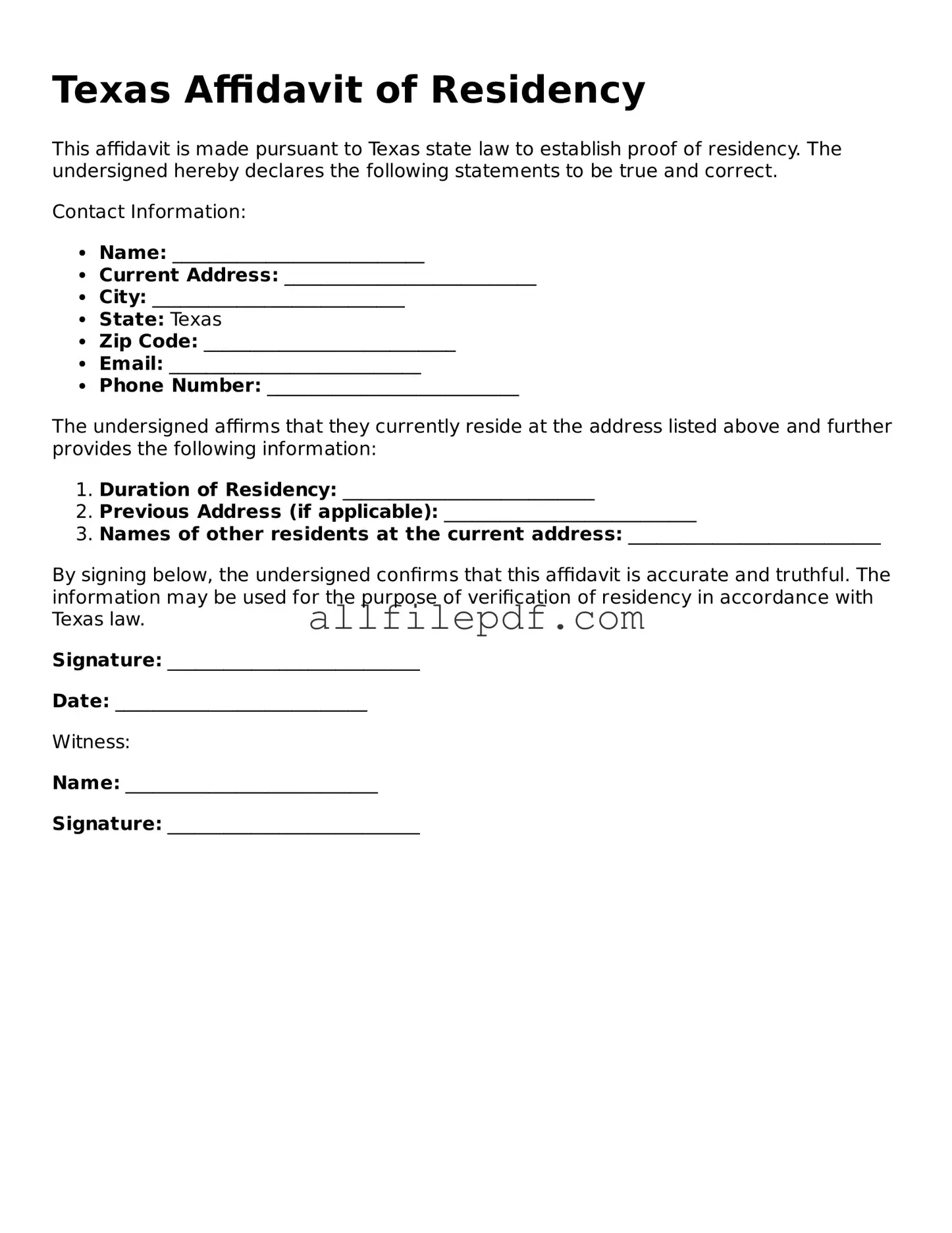 Official  Affidavit of Residency Document for Texas