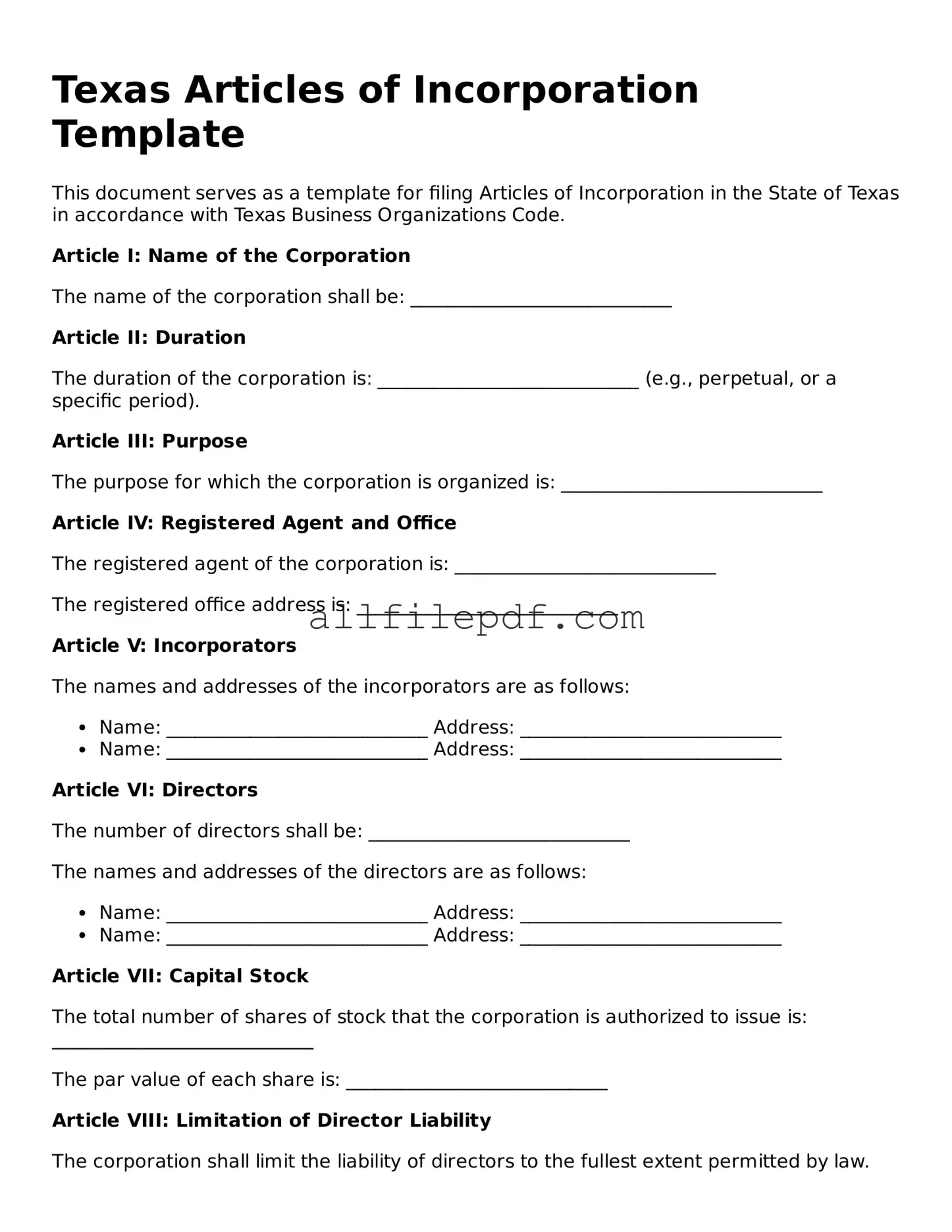 Official  Articles of Incorporation Document for Texas
