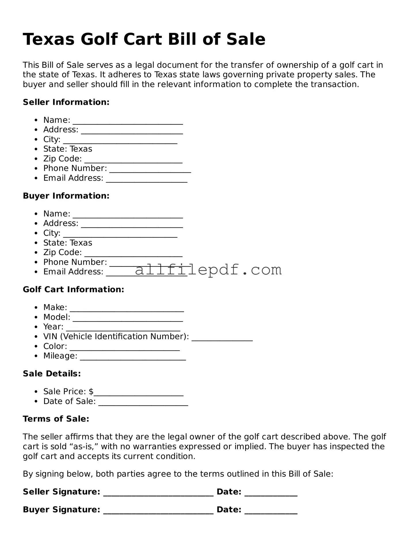 Official  Golf Cart Bill of Sale Document for Texas