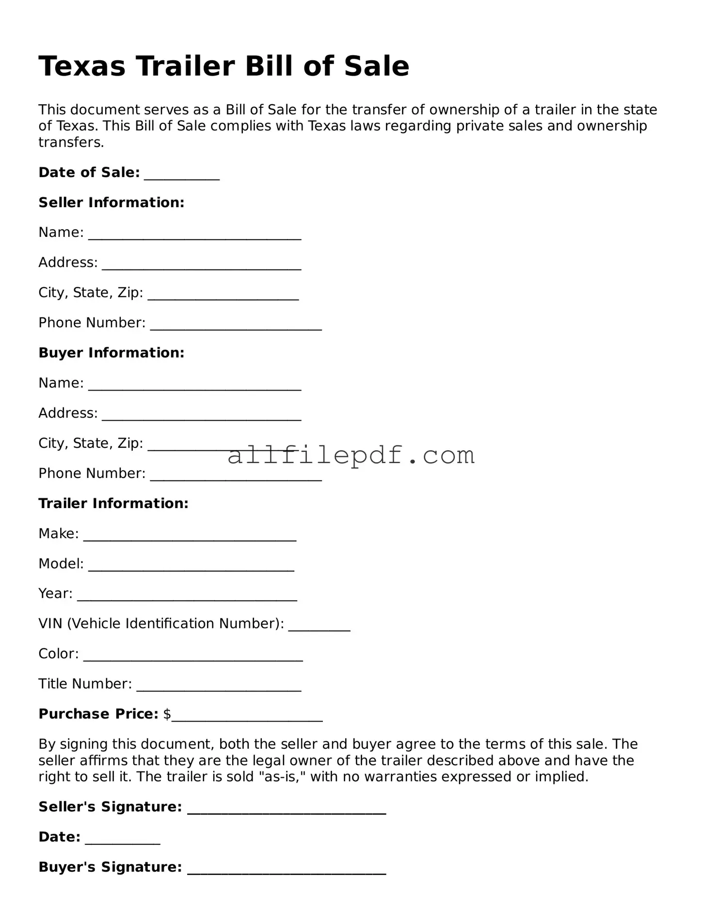Official  Trailer Bill of Sale Document for Texas