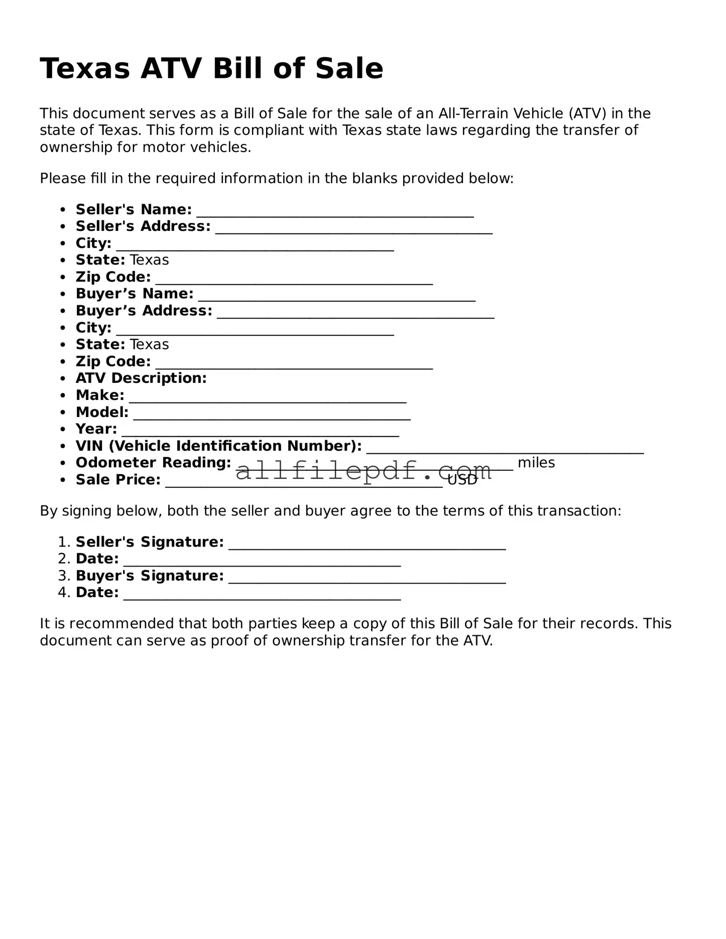 Official  ATV Bill of Sale Document for Texas