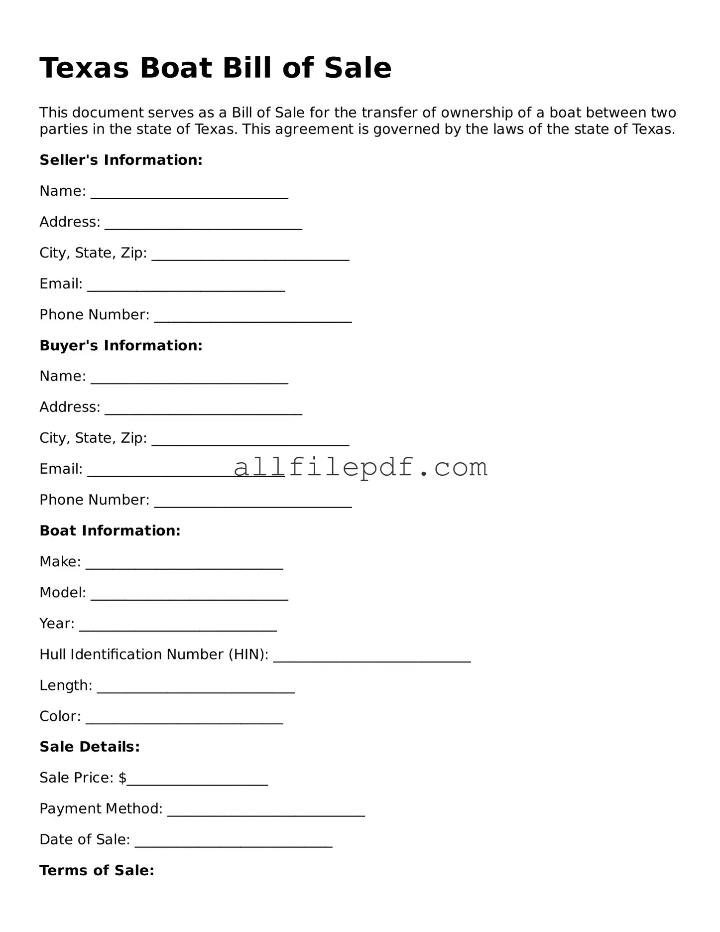 Official  Boat Bill of Sale Document for Texas