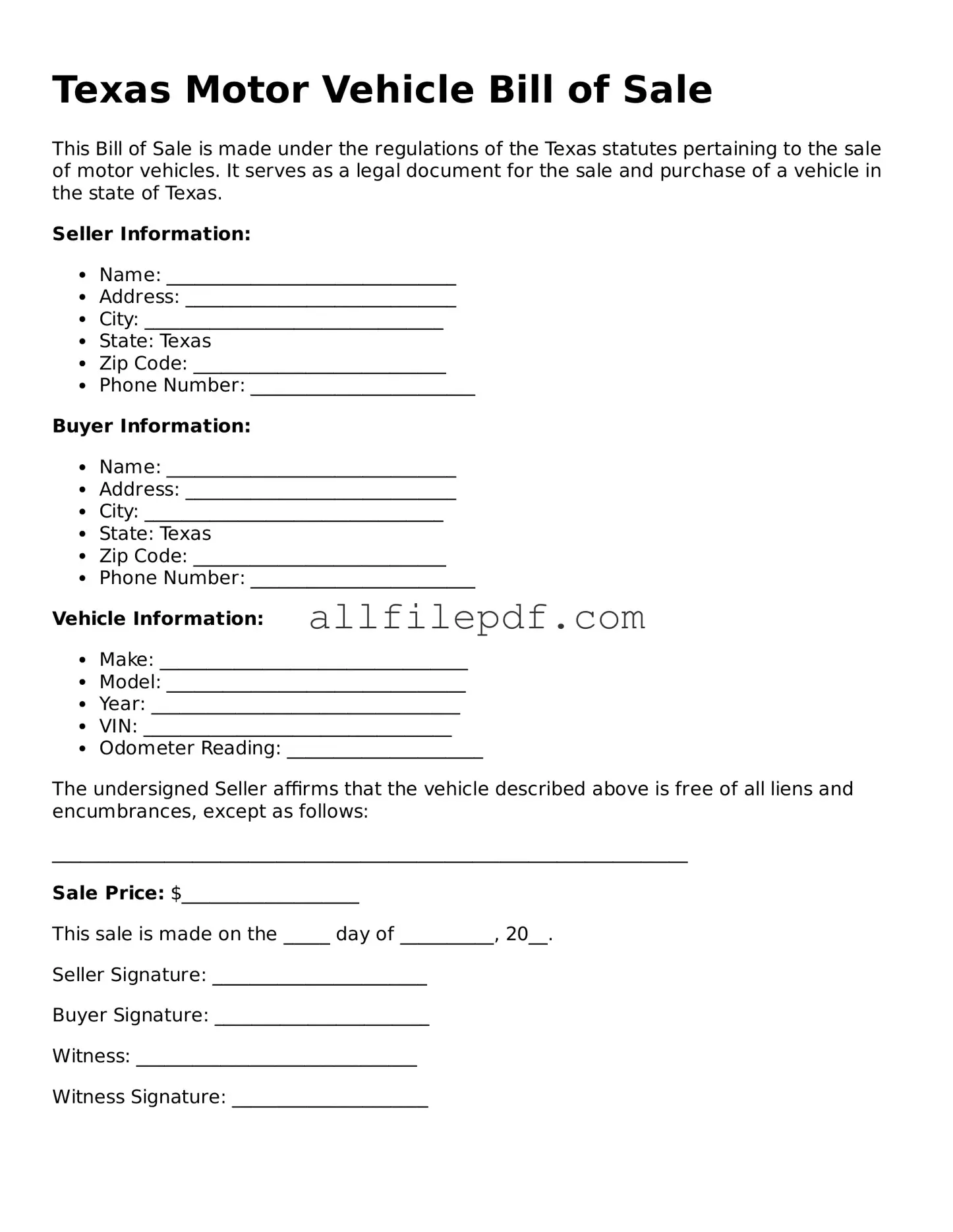 Official  Motor Vehicle Bill of Sale Document for Texas