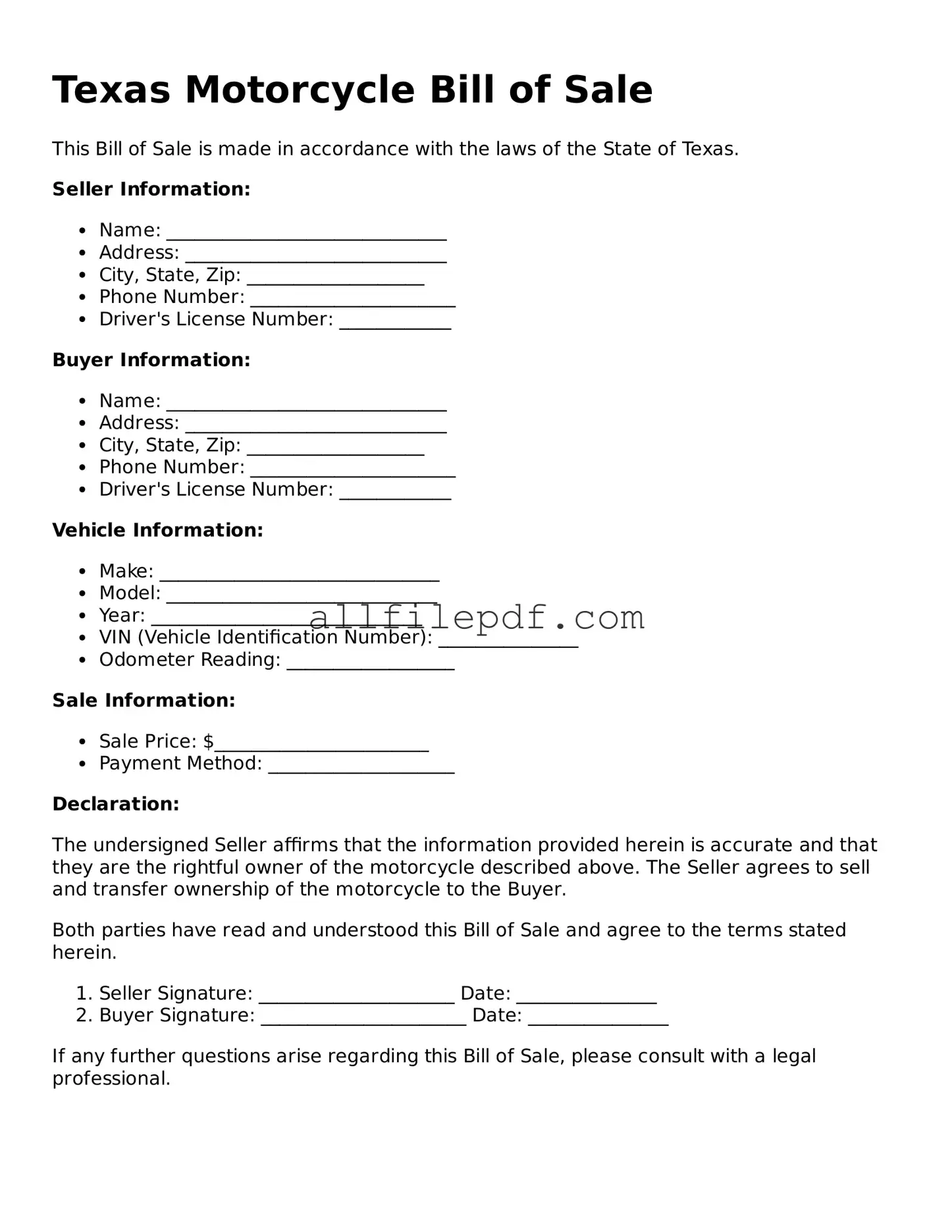 Official  Motorcycle Bill of Sale Document for Texas