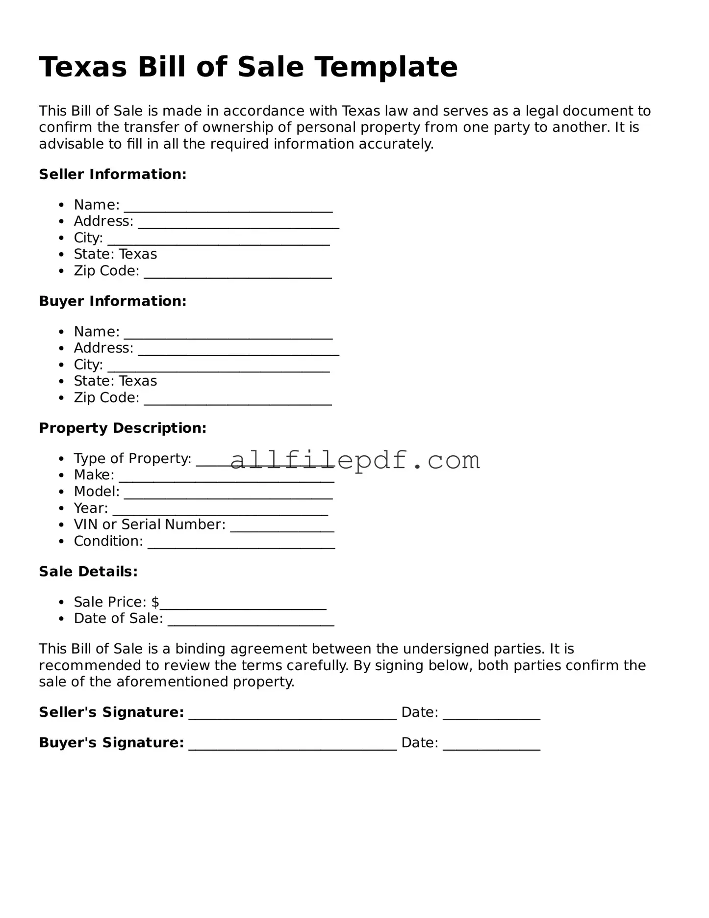 Official  Bill of Sale Document for Texas
