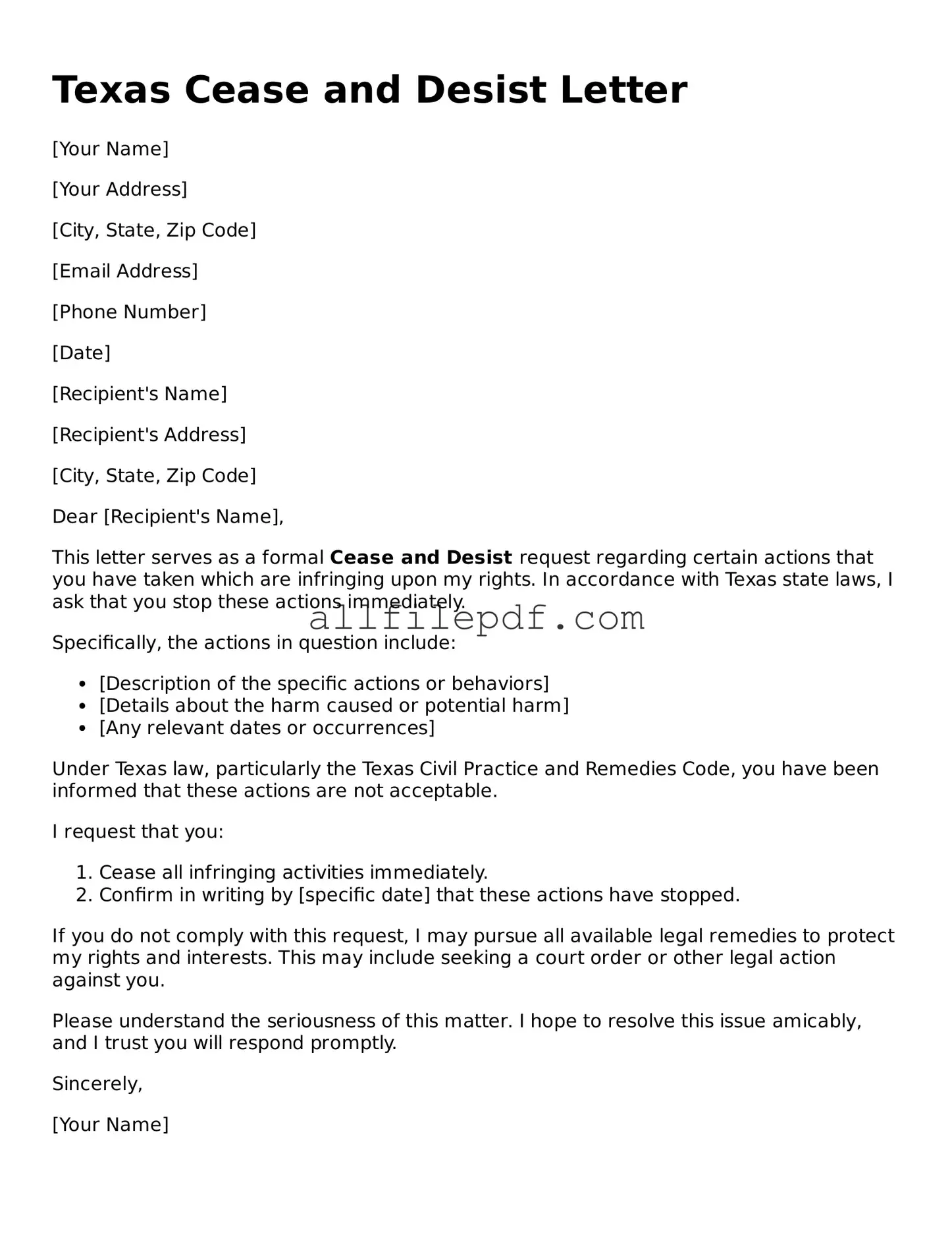 Official  Cease and Desist Letter Document for Texas