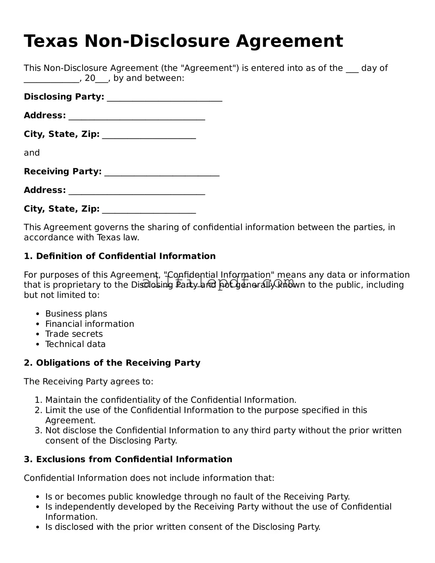 Official  Non-disclosure Agreement Document for Texas
