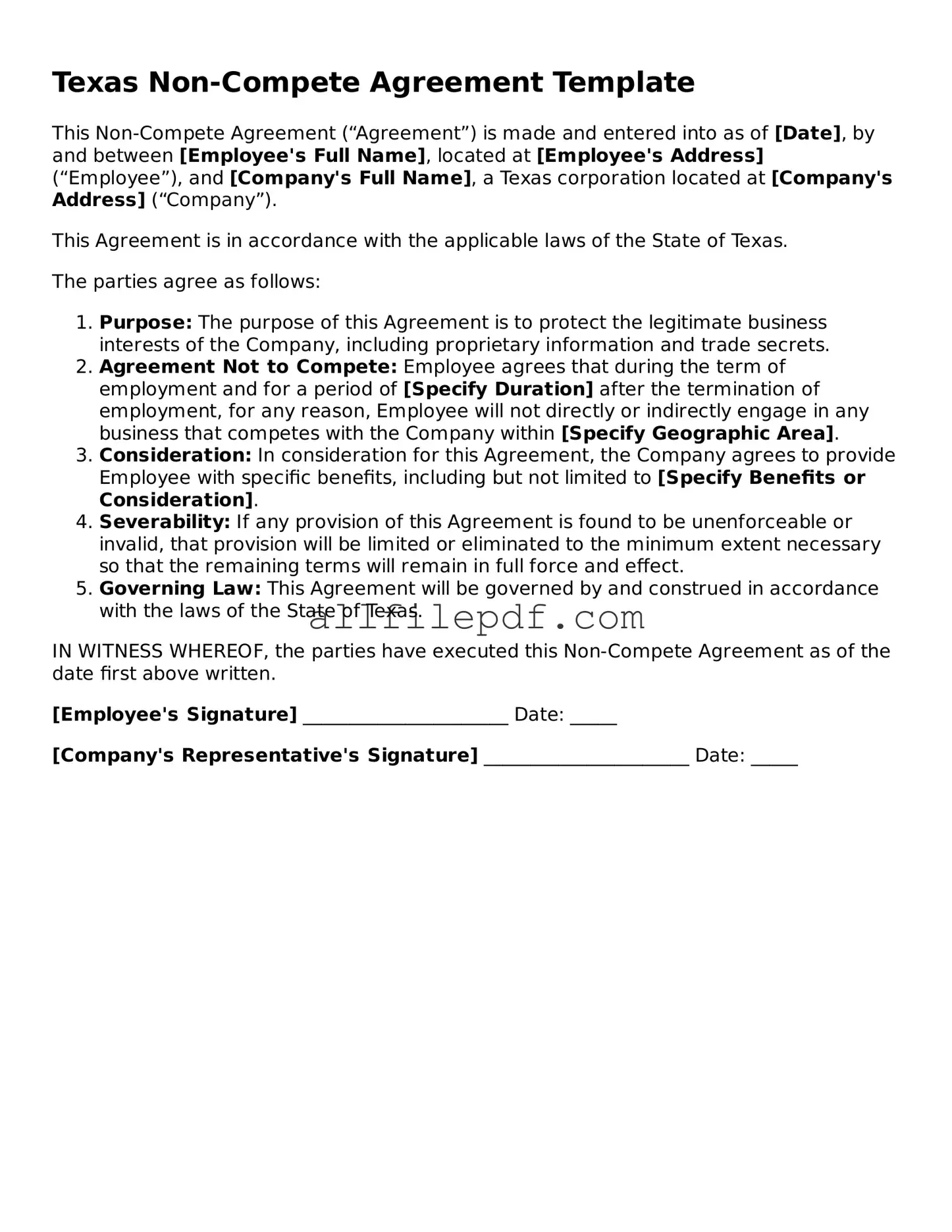 Official  Non-compete Agreement Document for Texas