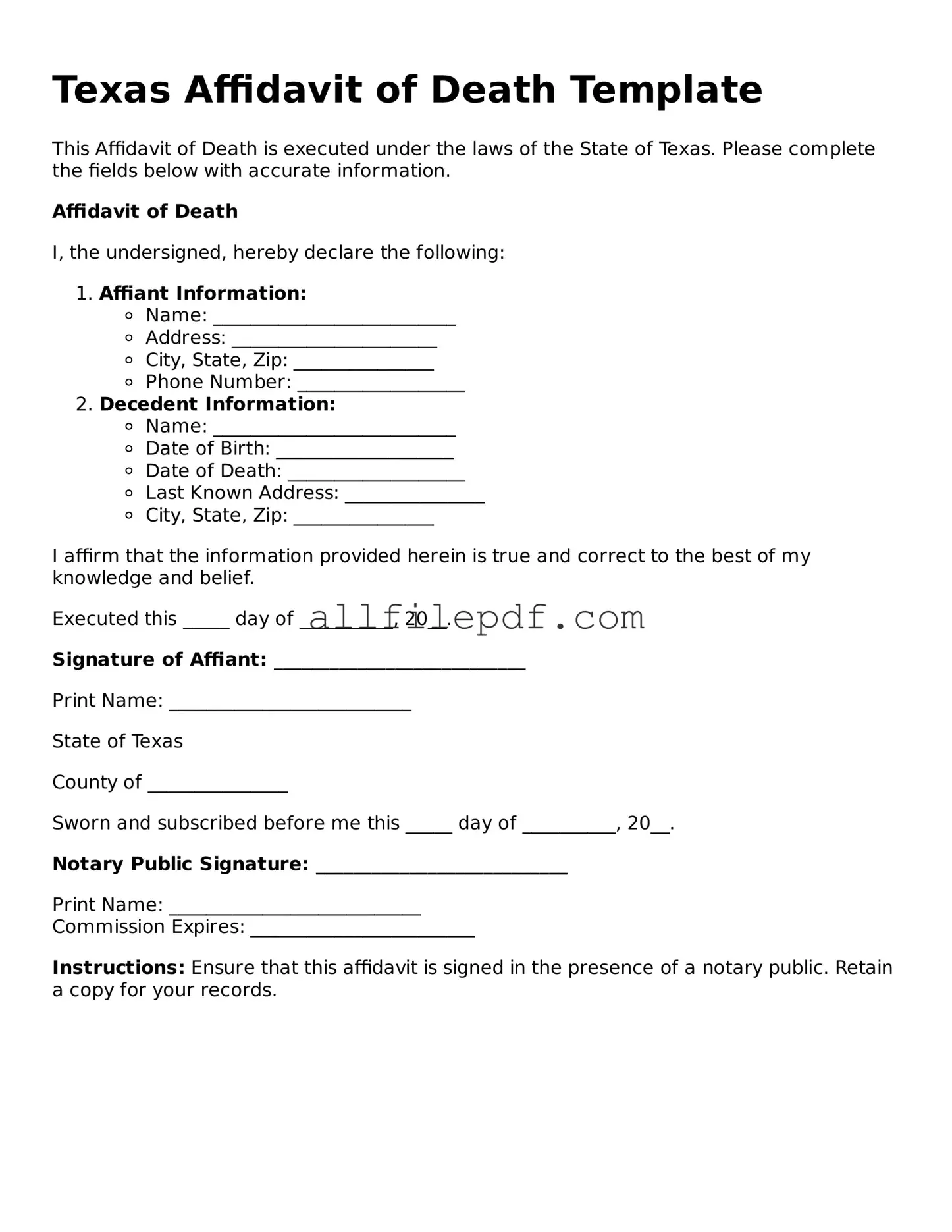 Official  Affidavit of Death Document for Texas