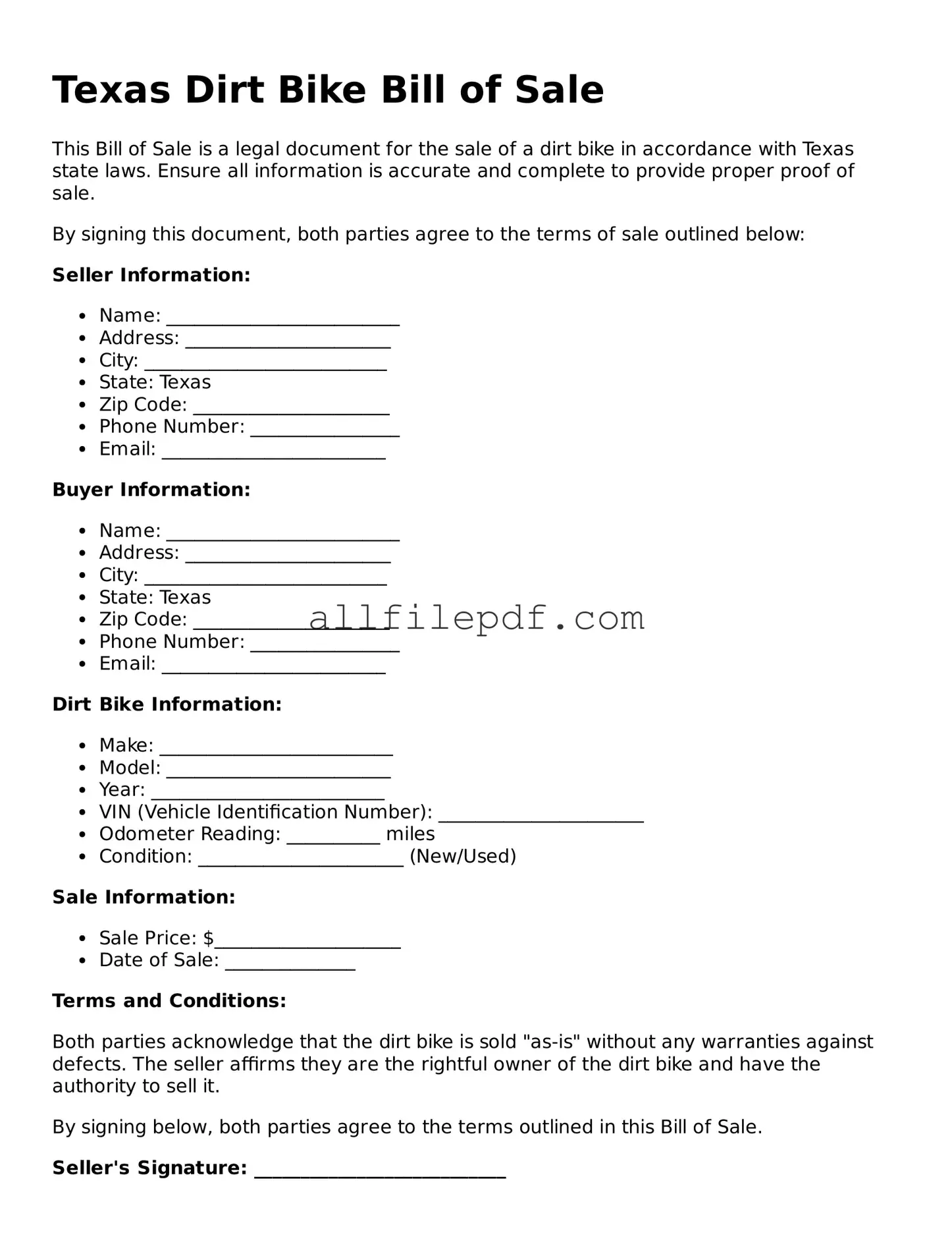 Official  Dirt Bike Bill of Sale Document for Texas
