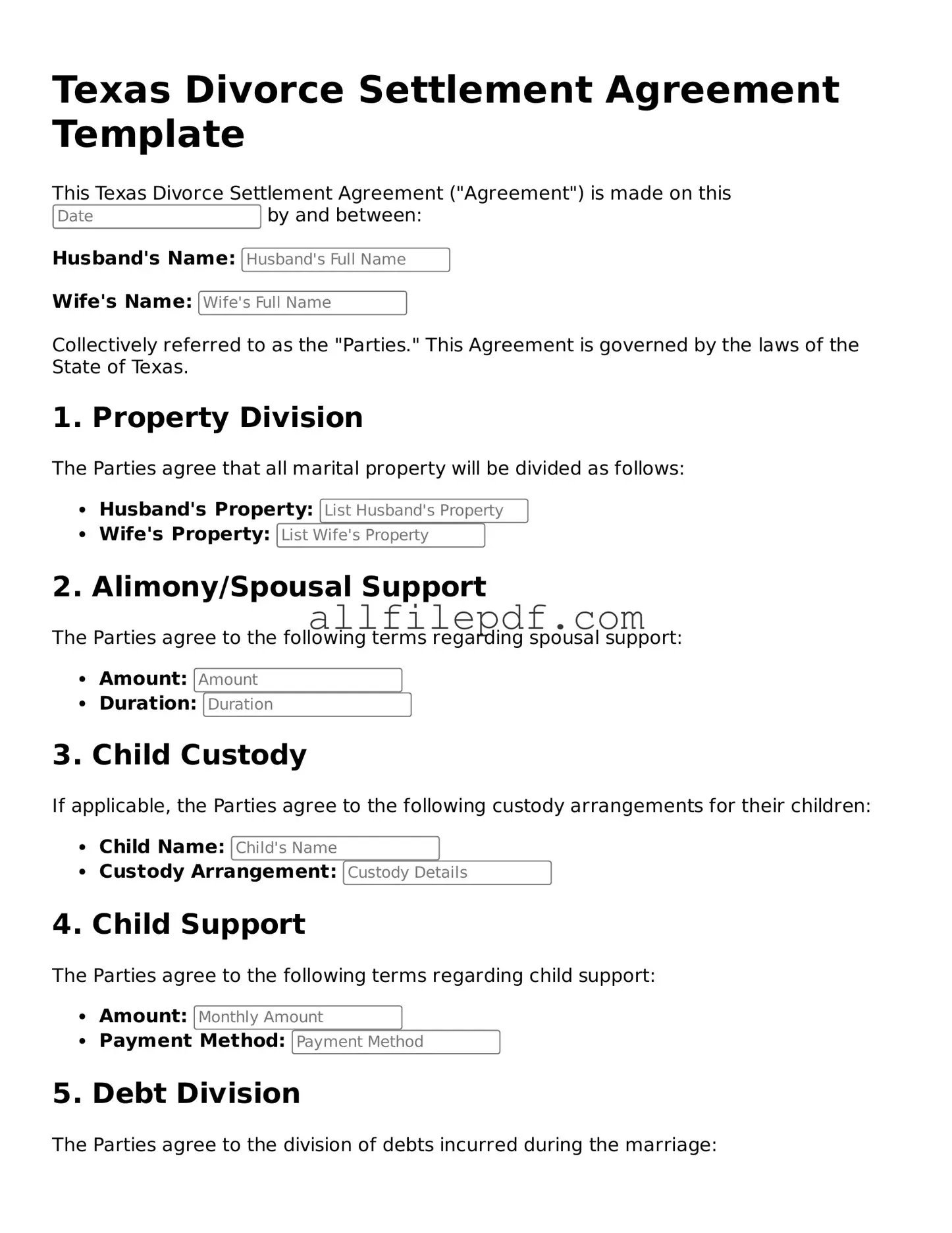 Official  Divorce Settlement Agreement Document for Texas