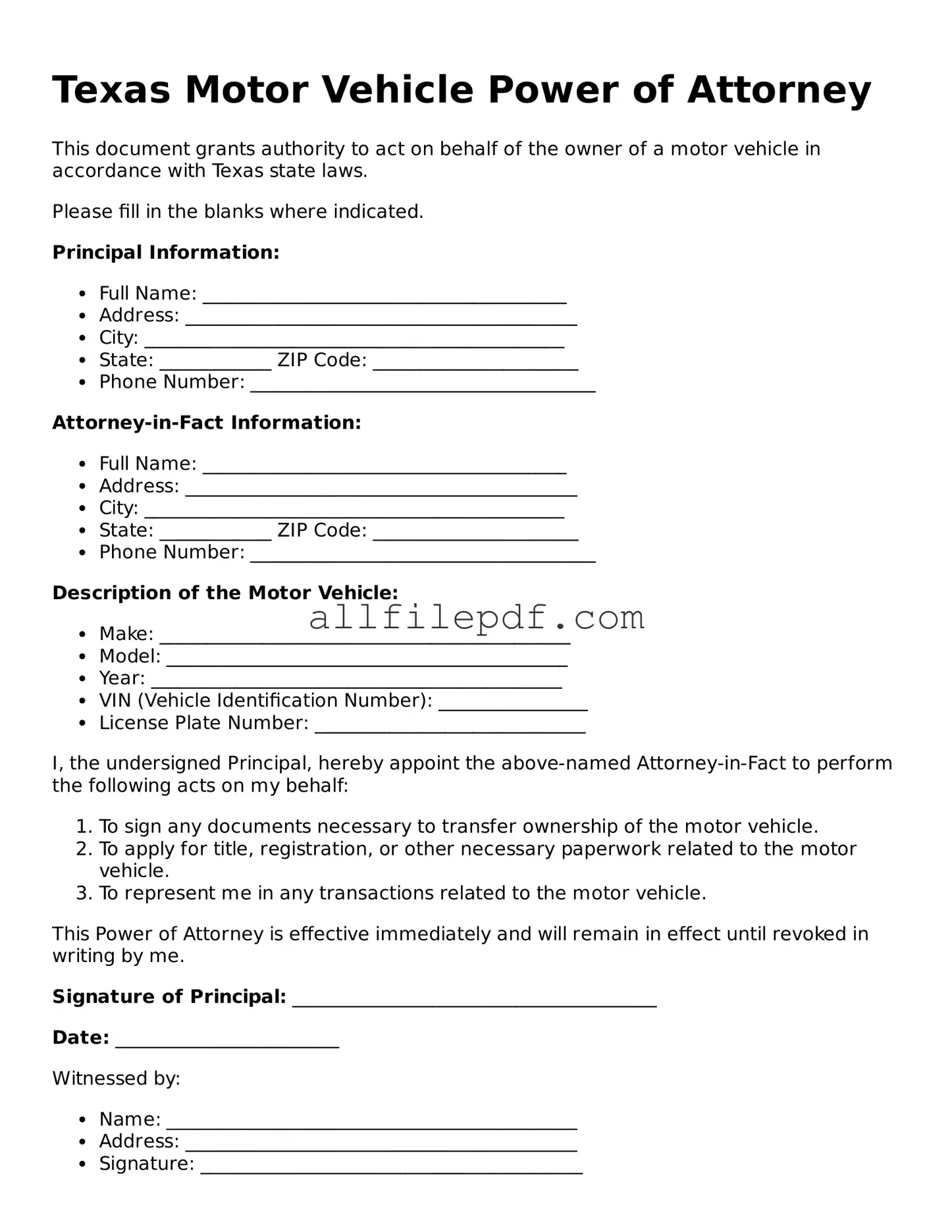 Official  Motor Vehicle Power of Attorney Document for Texas