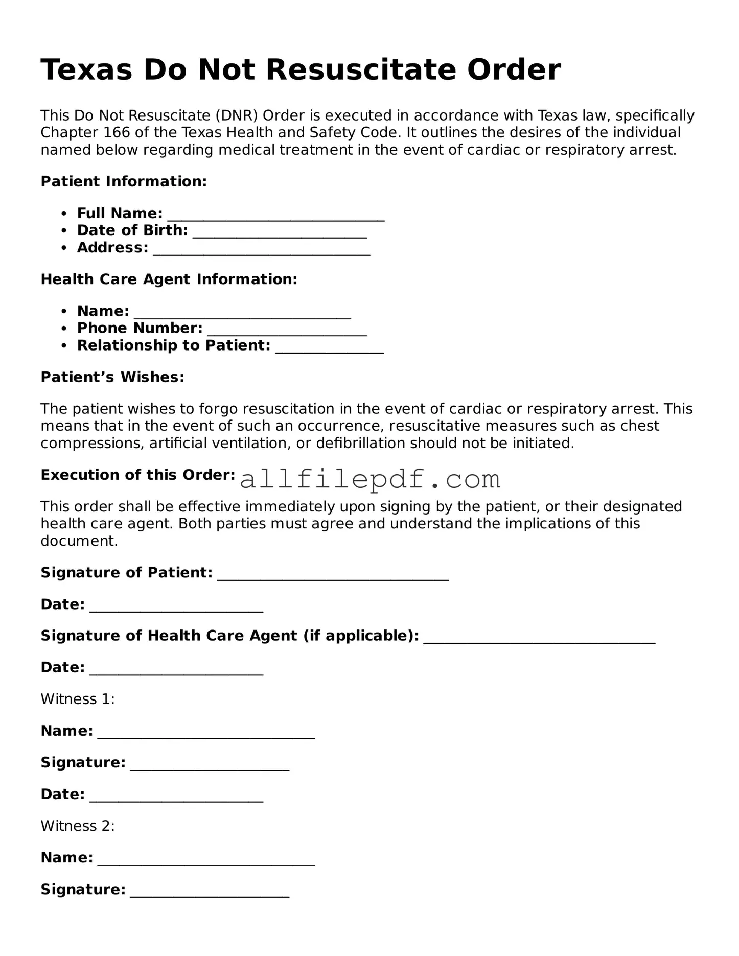 Official  Do Not Resuscitate Order Document for Texas