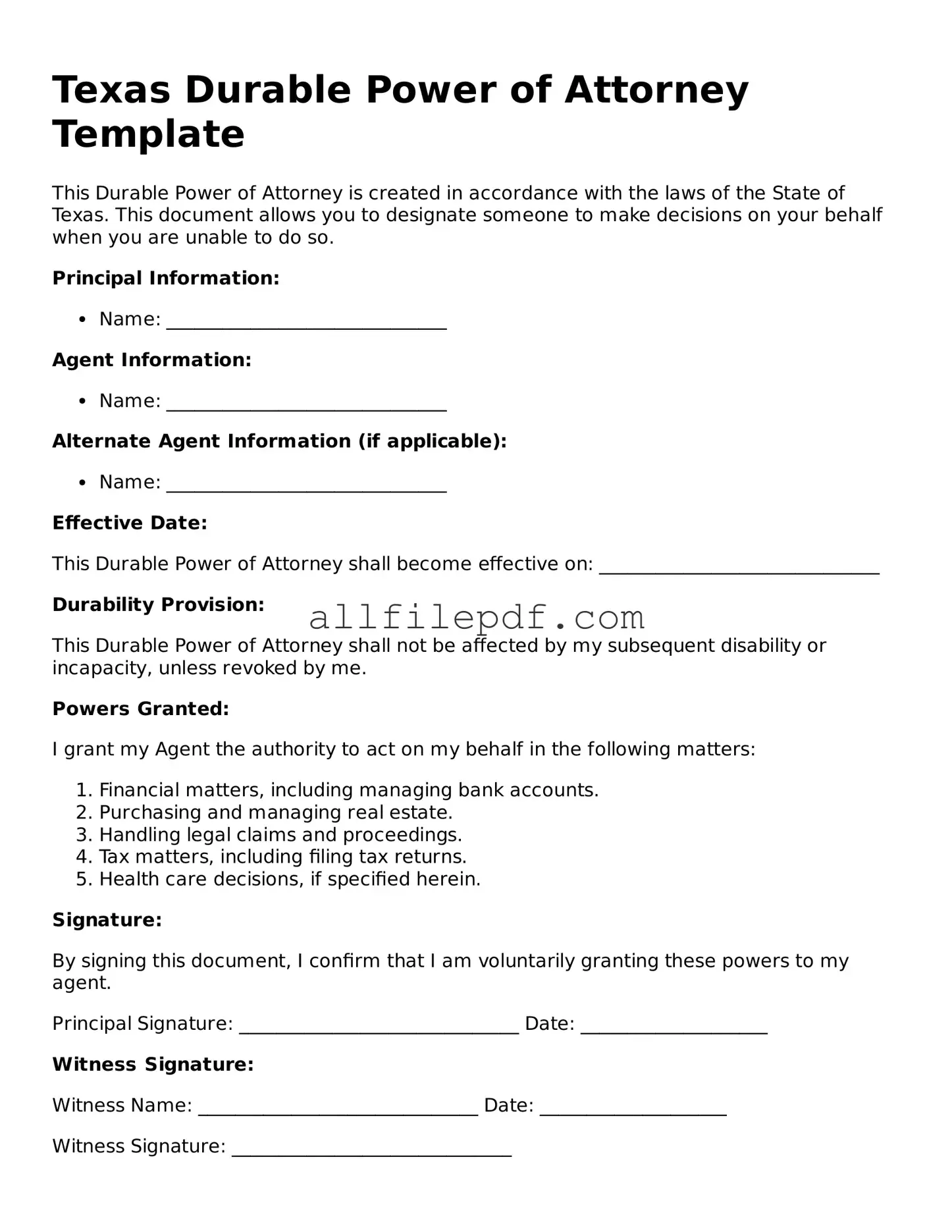 Official  Durable Power of Attorney Document for Texas
