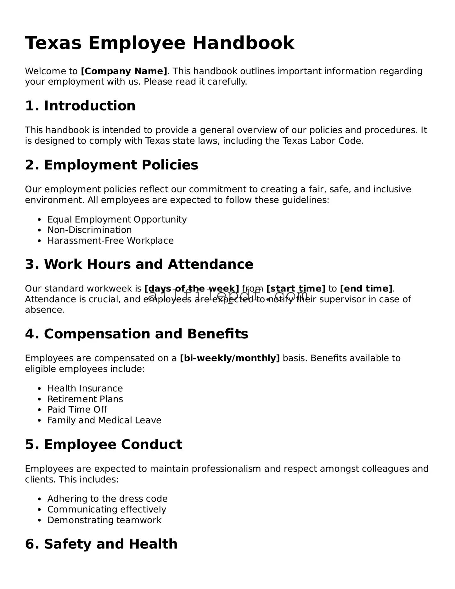 Official  Employee Handbook Document for Texas