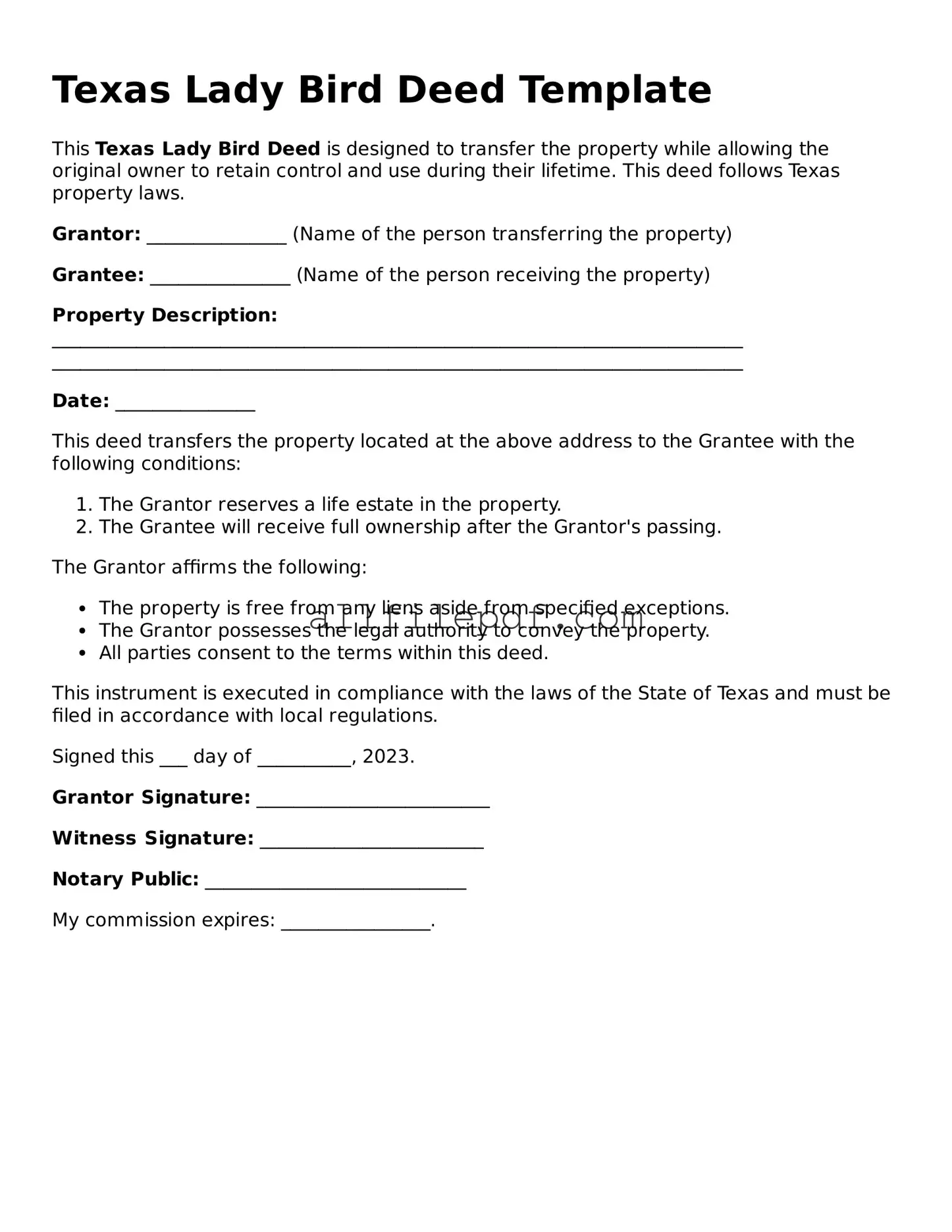 Official  Lady Bird Deed Document for Texas