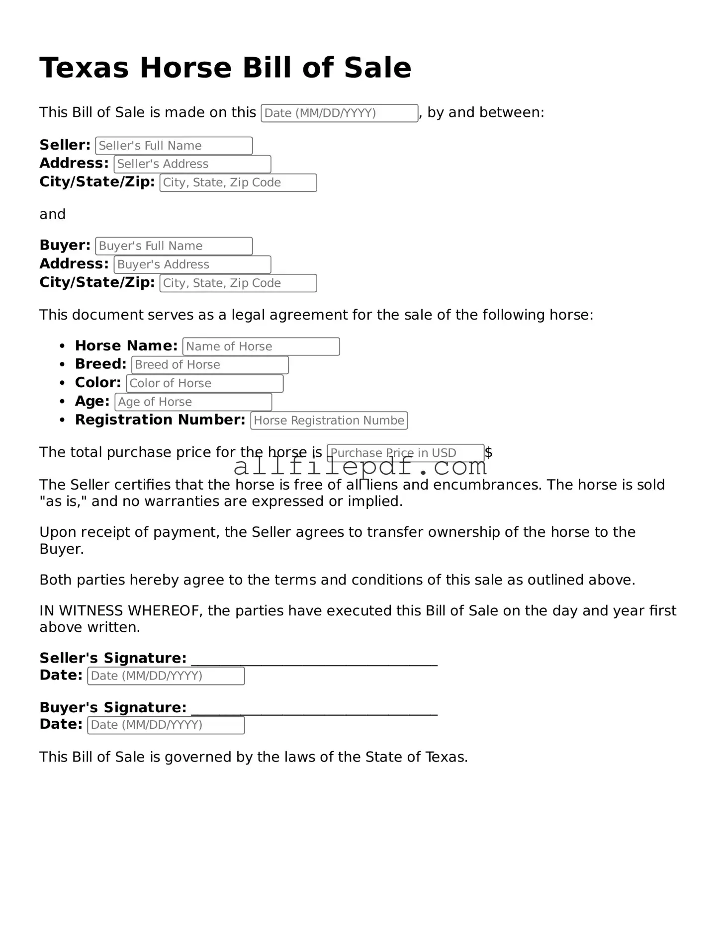 Official  Horse Bill of Sale Document for Texas