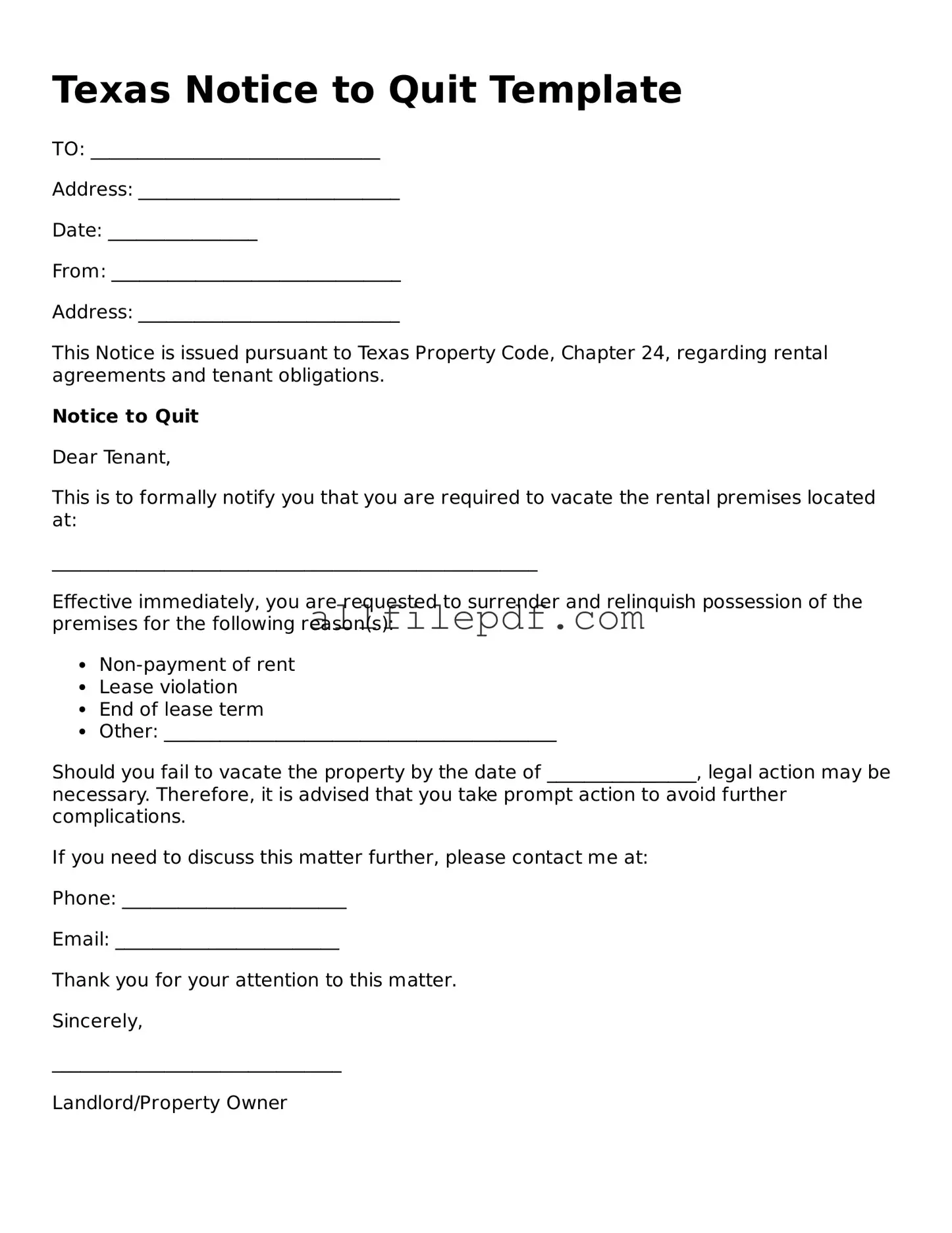 Official  Notice to Quit Document for Texas