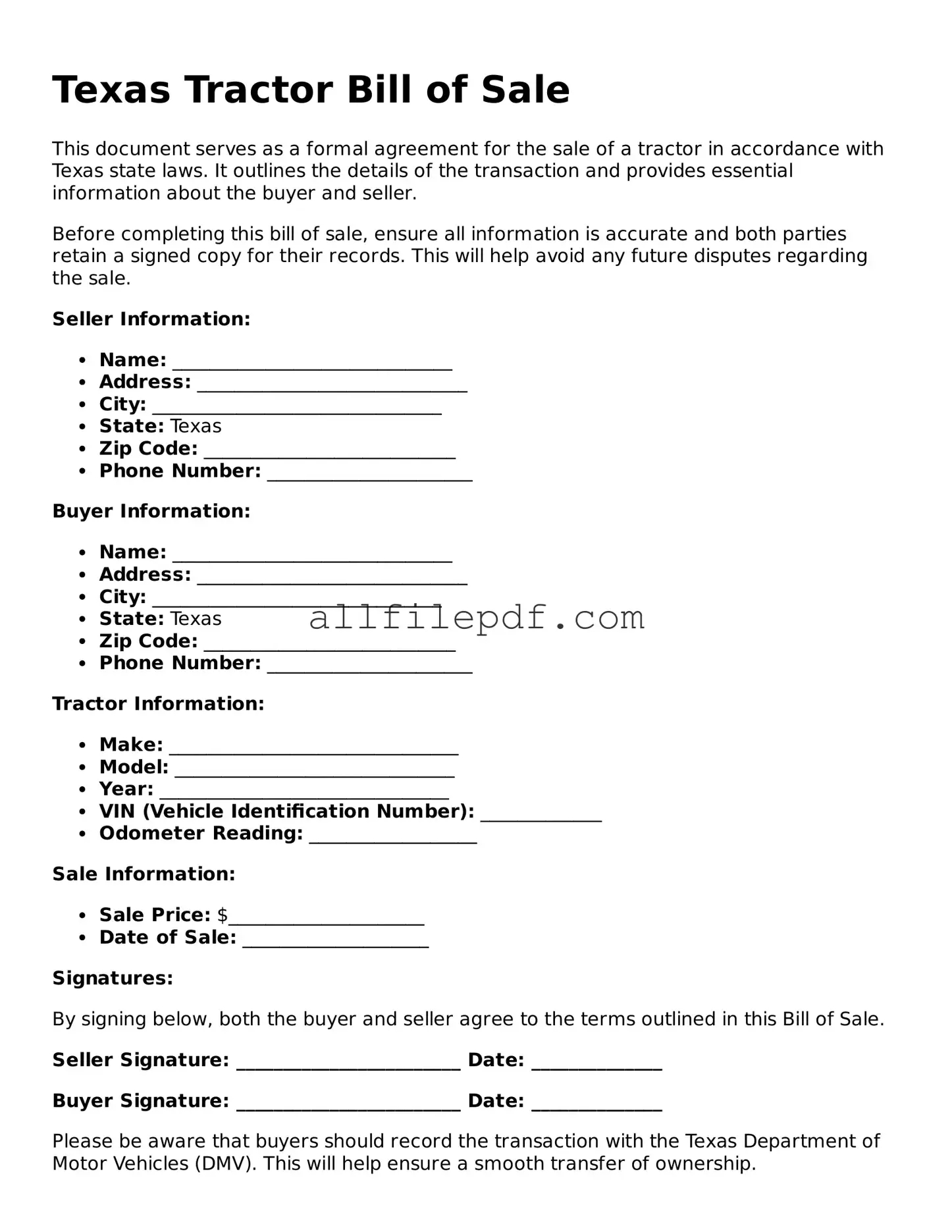 Official  Tractor Bill of Sale Document for Texas