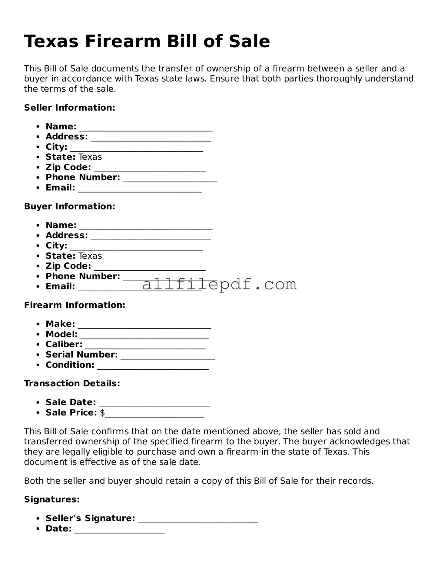 Official  Firearm Bill of Sale Document for Texas
