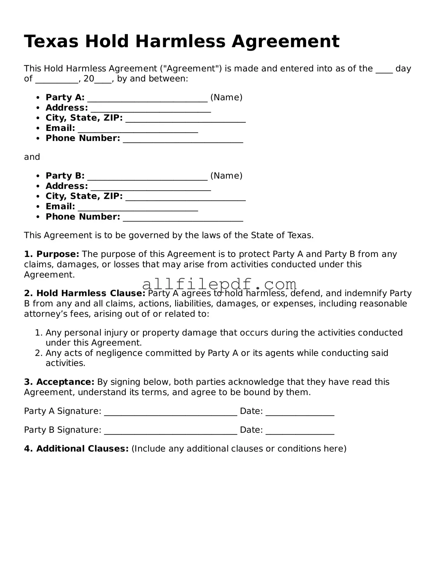 Official  Hold Harmless Agreement Document for Texas