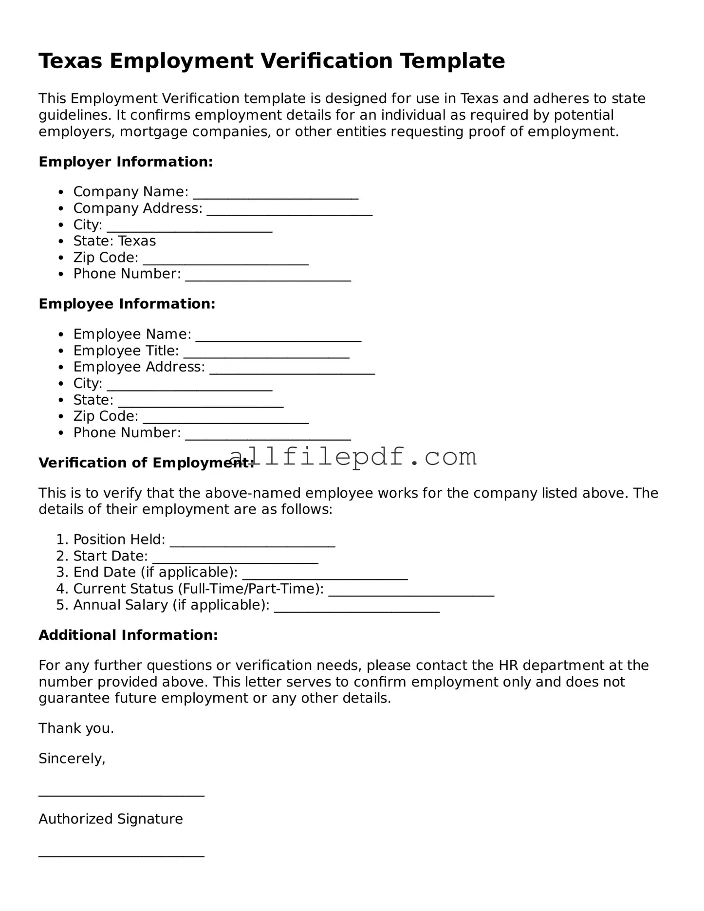 Official  Employment Verification Document for Texas