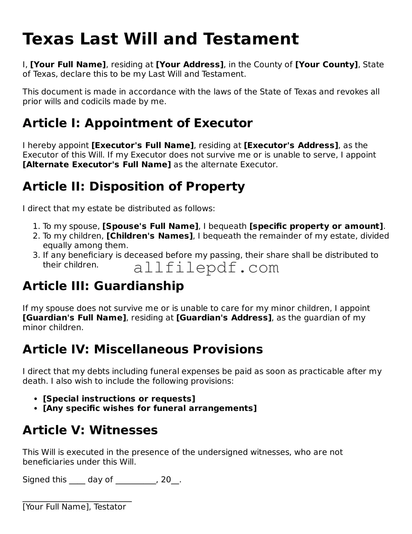 Official  Last Will and Testament Document for Texas