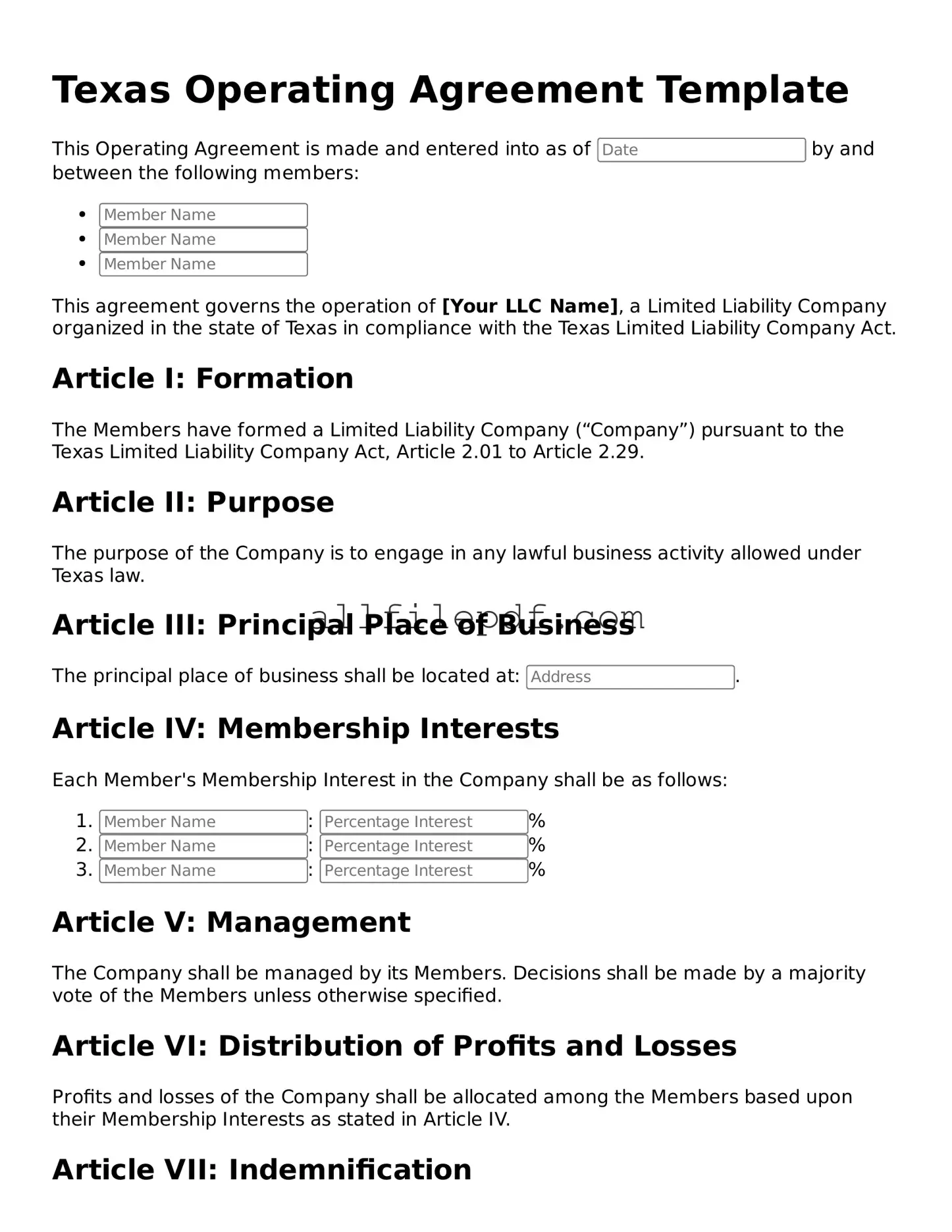 Official  Operating Agreement Document for Texas