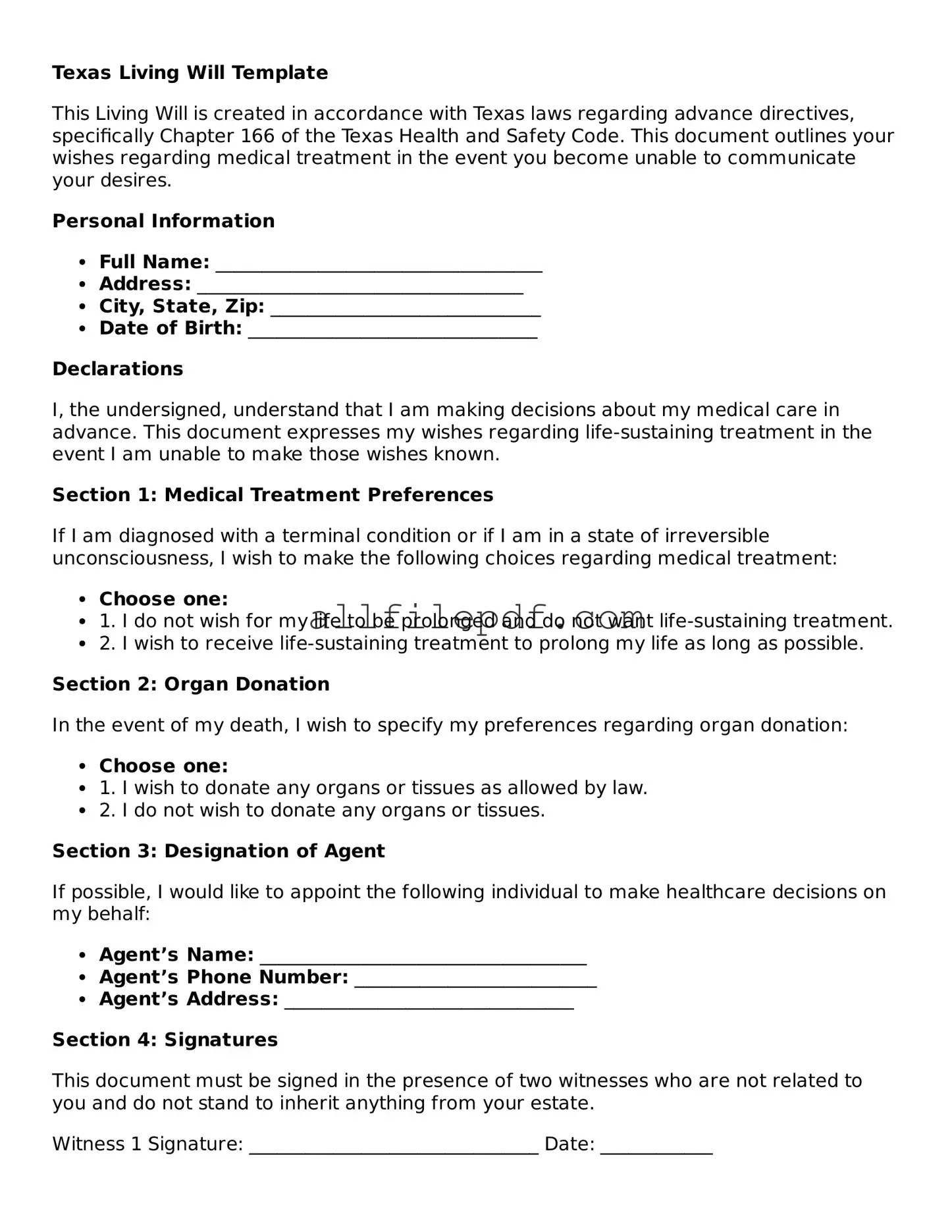 Official  Living Will Document for Texas