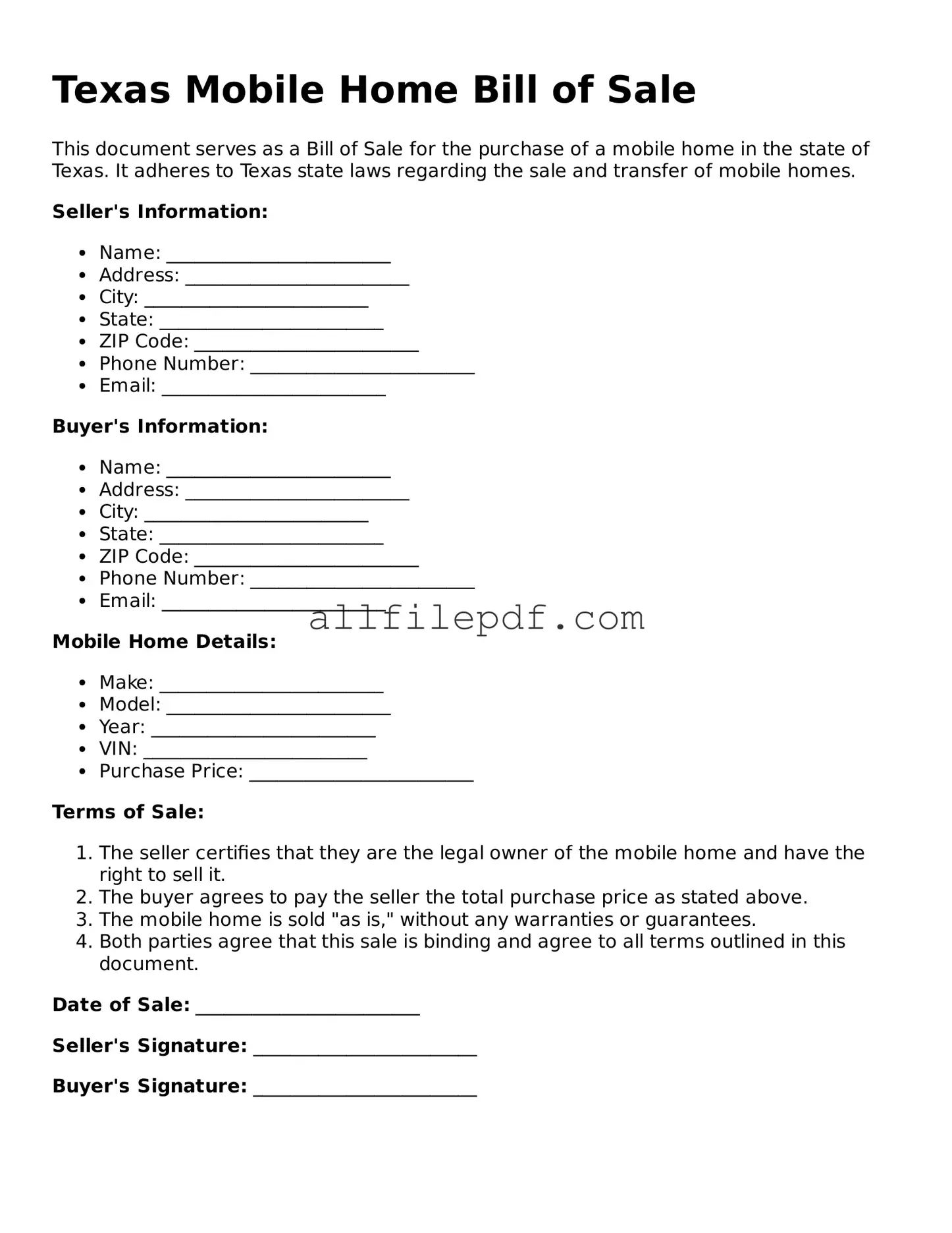 Official  Mobile Home Bill of Sale Document for Texas