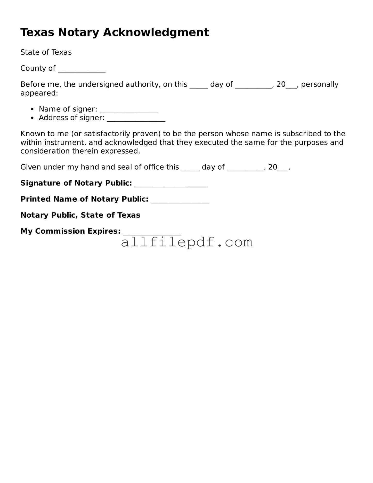 Official  Notary Acknowledgement Document for Texas