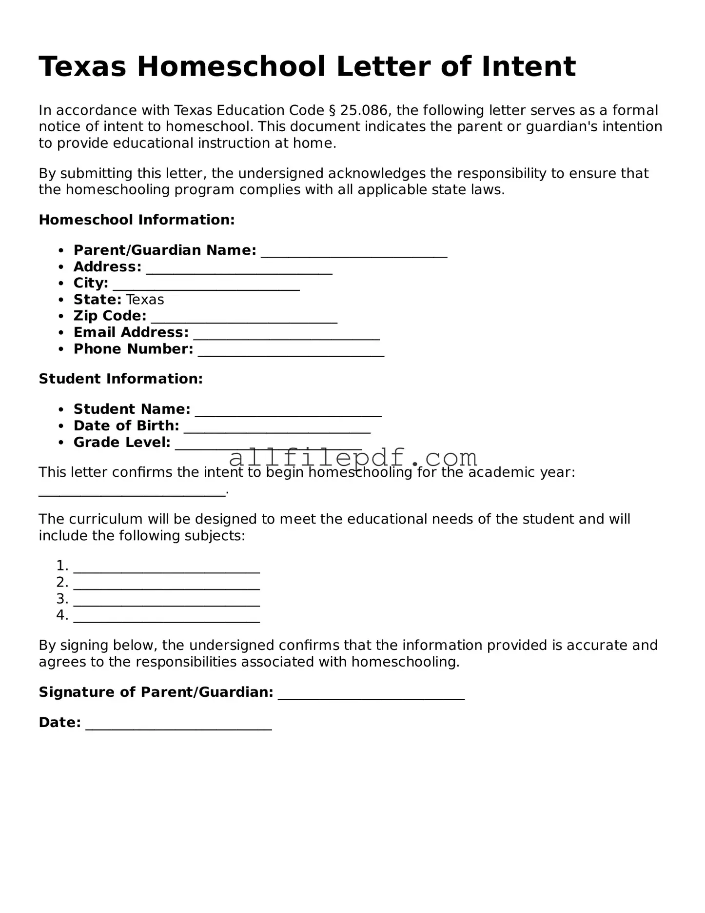 Official  Homeschool Letter of Intent Document for Texas