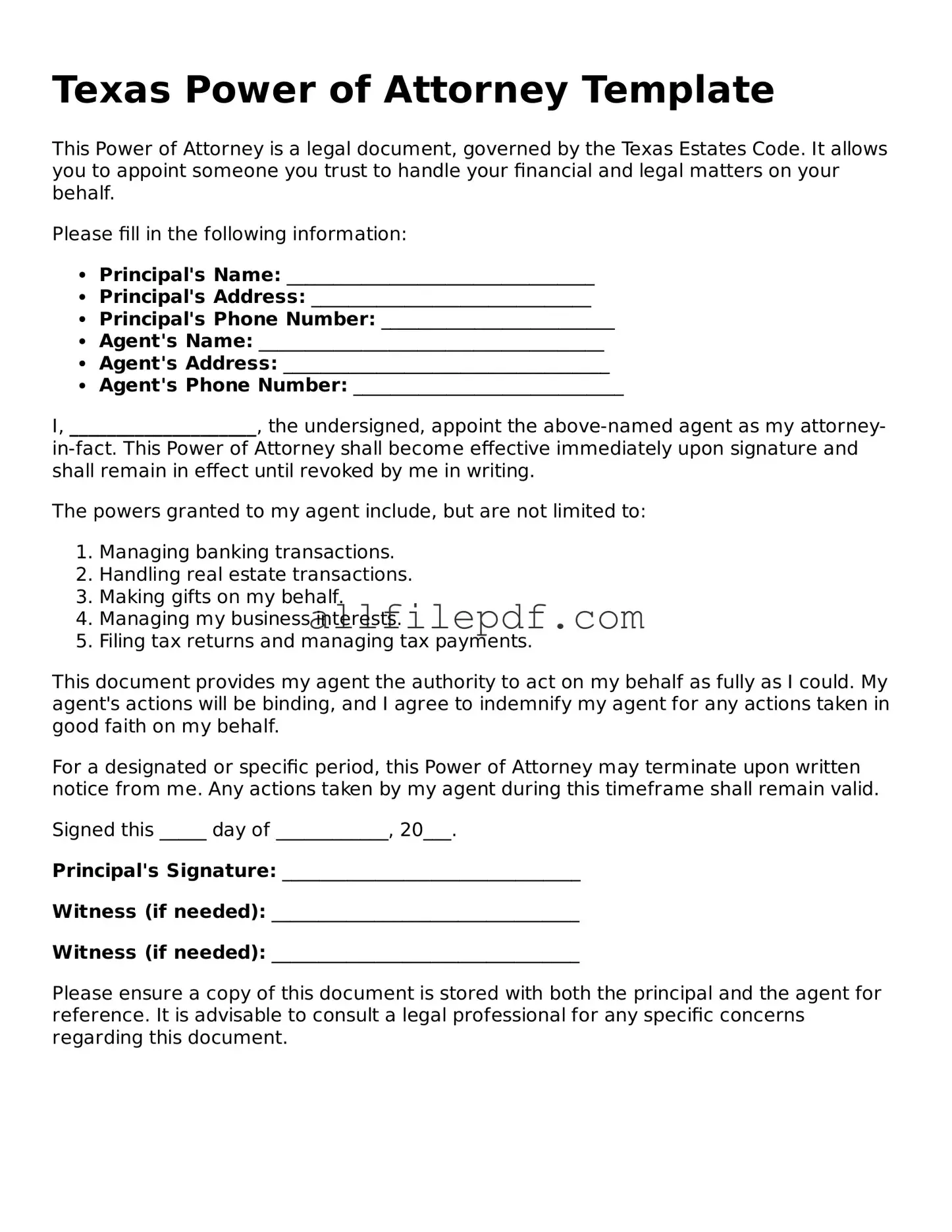 Official  Power of Attorney Document for Texas